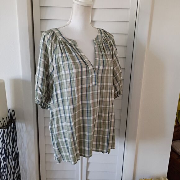 Loft Green Plaid Rayon V-Neck Short Sleeve Blouse XL NEW - Picture 2 of 8